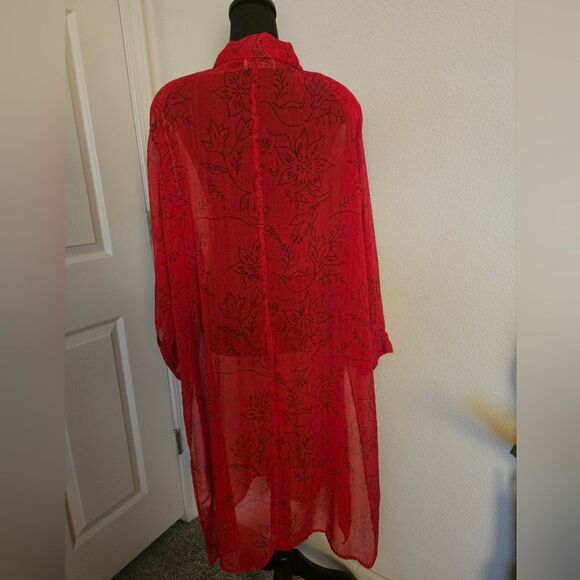 Vintage Nouveau Monde Red Sheer Paisley Print Long Sleeve LongLine Tunic Size 1X - Picture 5 of 6
